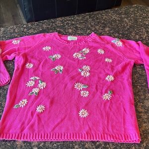 Quacker Factory Pink Floral Embroidered Sweater 1X